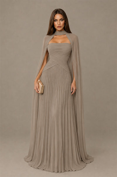 BOLODOO Taupe Strapless Crossover Ruched Bodice Detached Turtleneck Cape Lace-Up Back Pleated Chiffon Maxi Dress - Taupe