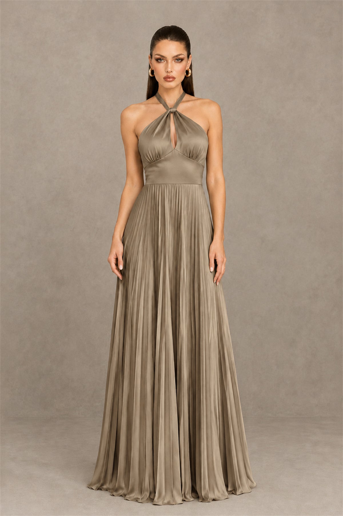 BOLODOO Taupe Halter Pleated A-Line Evening Dress - Taupe - Taupe (1)