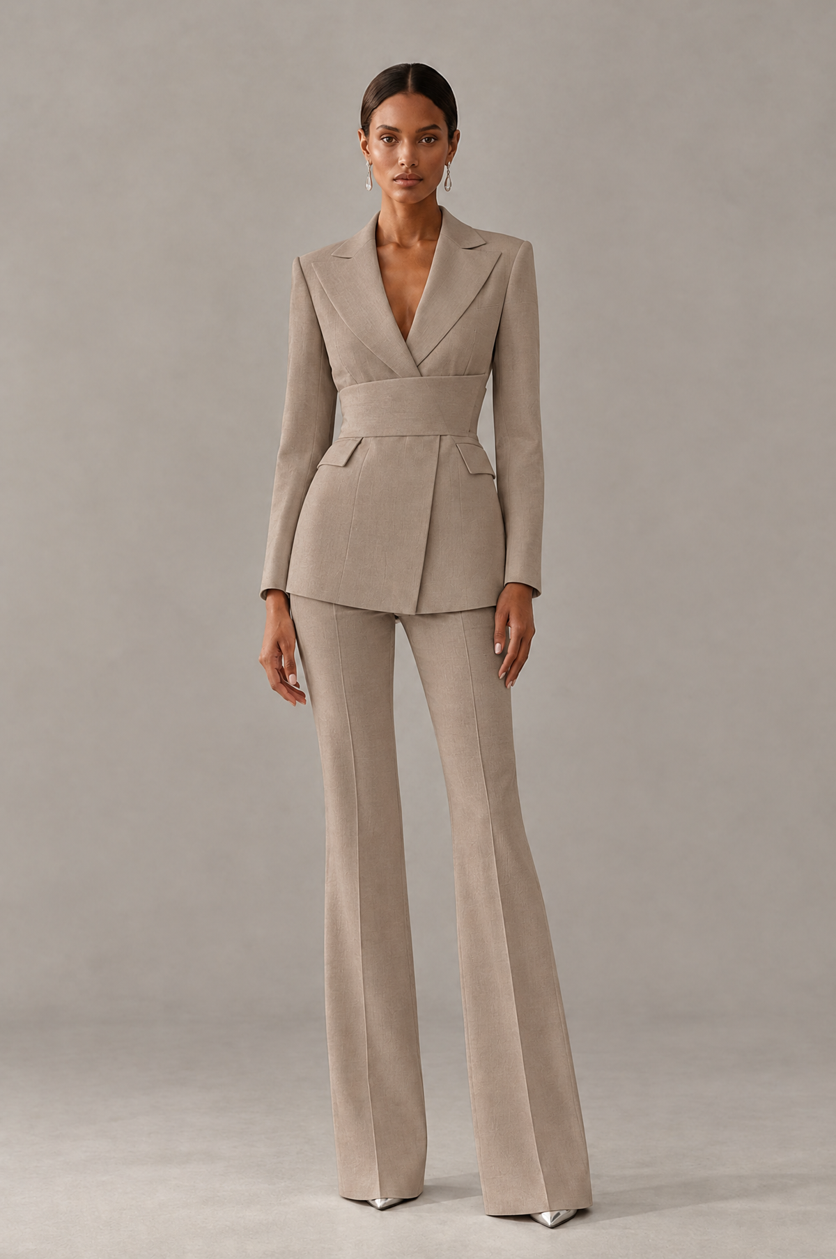 BOLODOO Taupe Two-Piece Pantsuit with Tailored Blazer & Flared Pants - Taupe - Taupe (1)