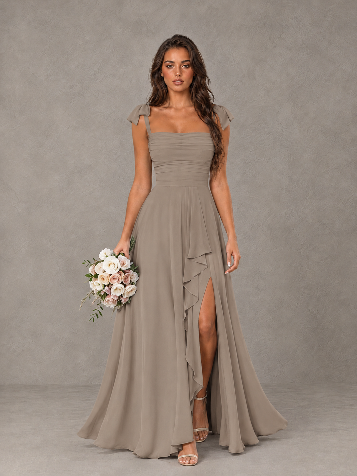BOLODOO Taupe Bow-Strap Bridesmaid Dress with Ruffle Slit - Taupe - Taupe (1)