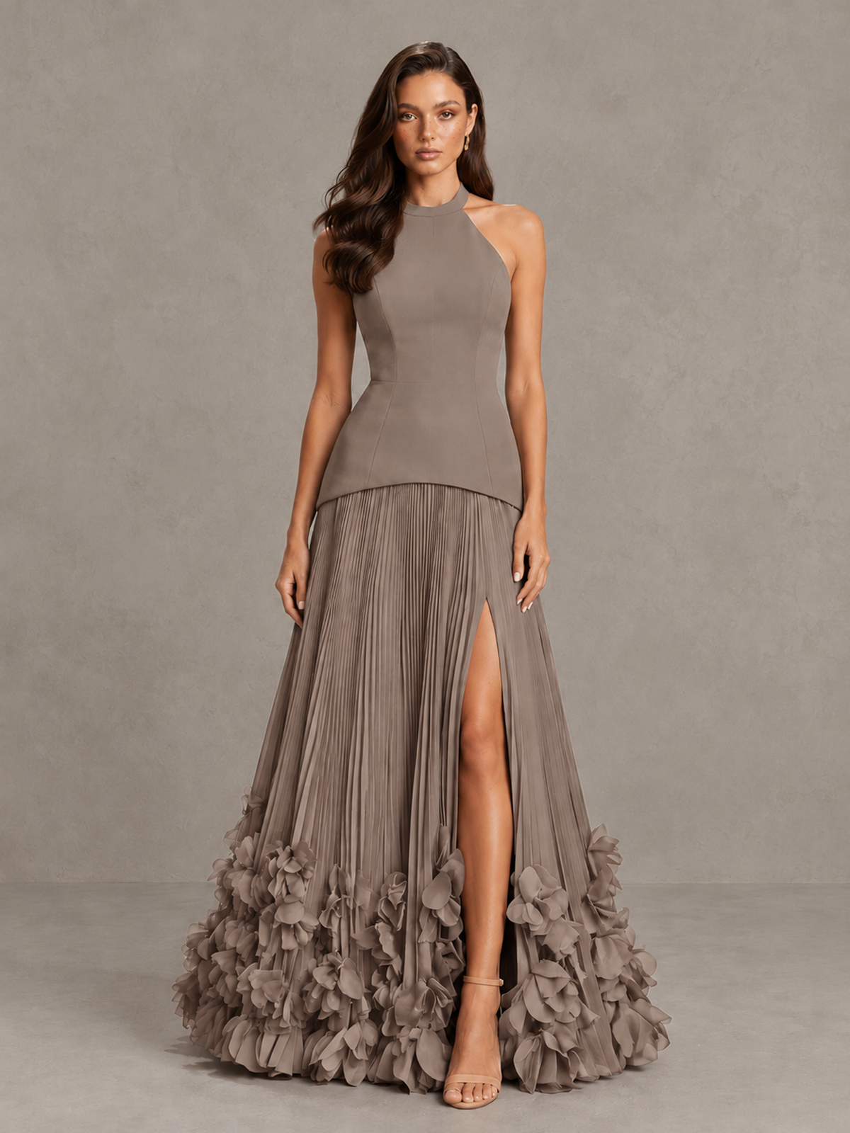 BOLODOO Taupe Halter Neck Floor-Length Evening Gown with High Slit & 3D Floral Hem - Taupe - Taupe (1)