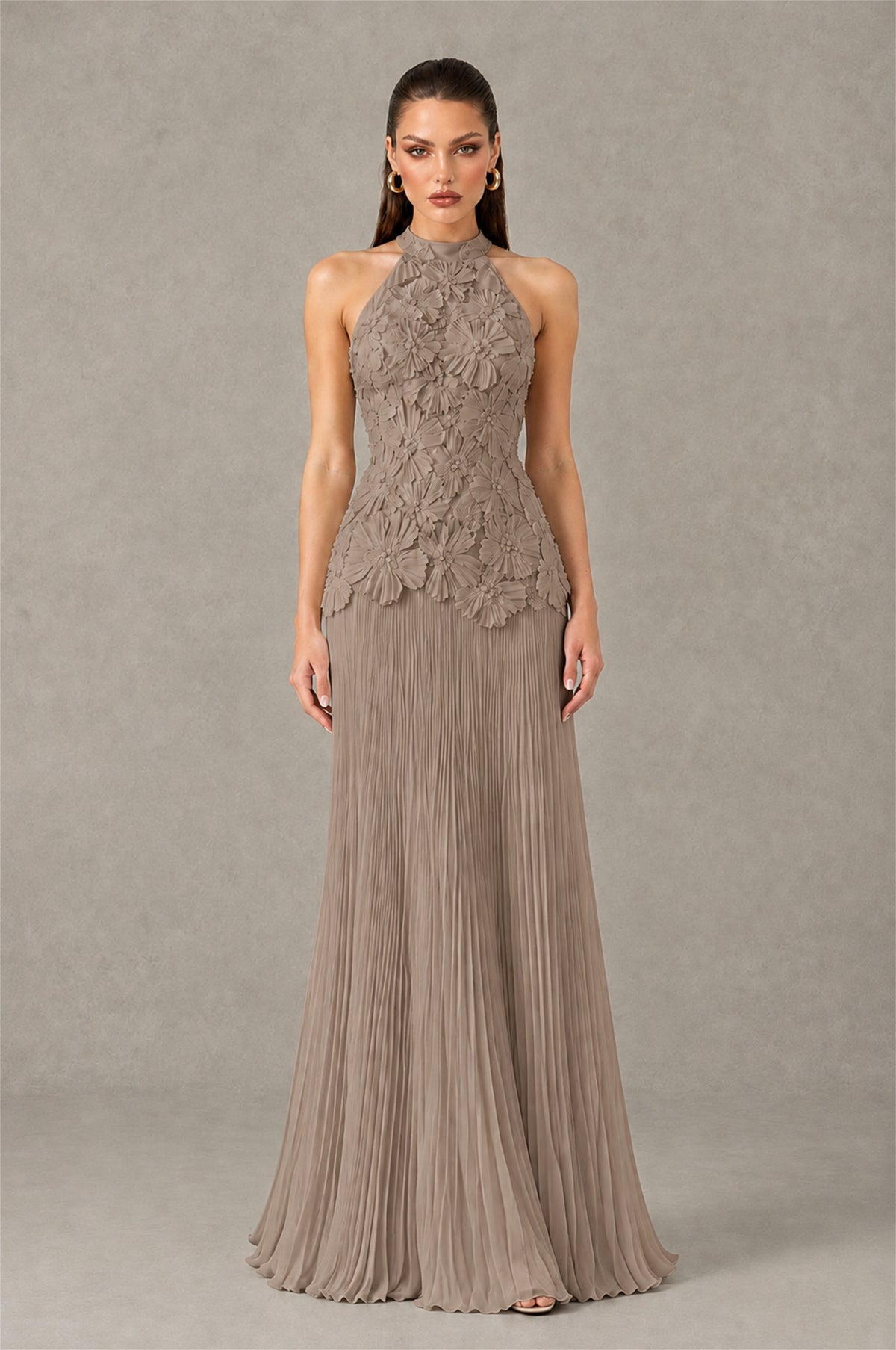 BOLODOO Taupe 3D Floral Applique Halter Neck Open Back Pleated Maxi Dress - Taupe