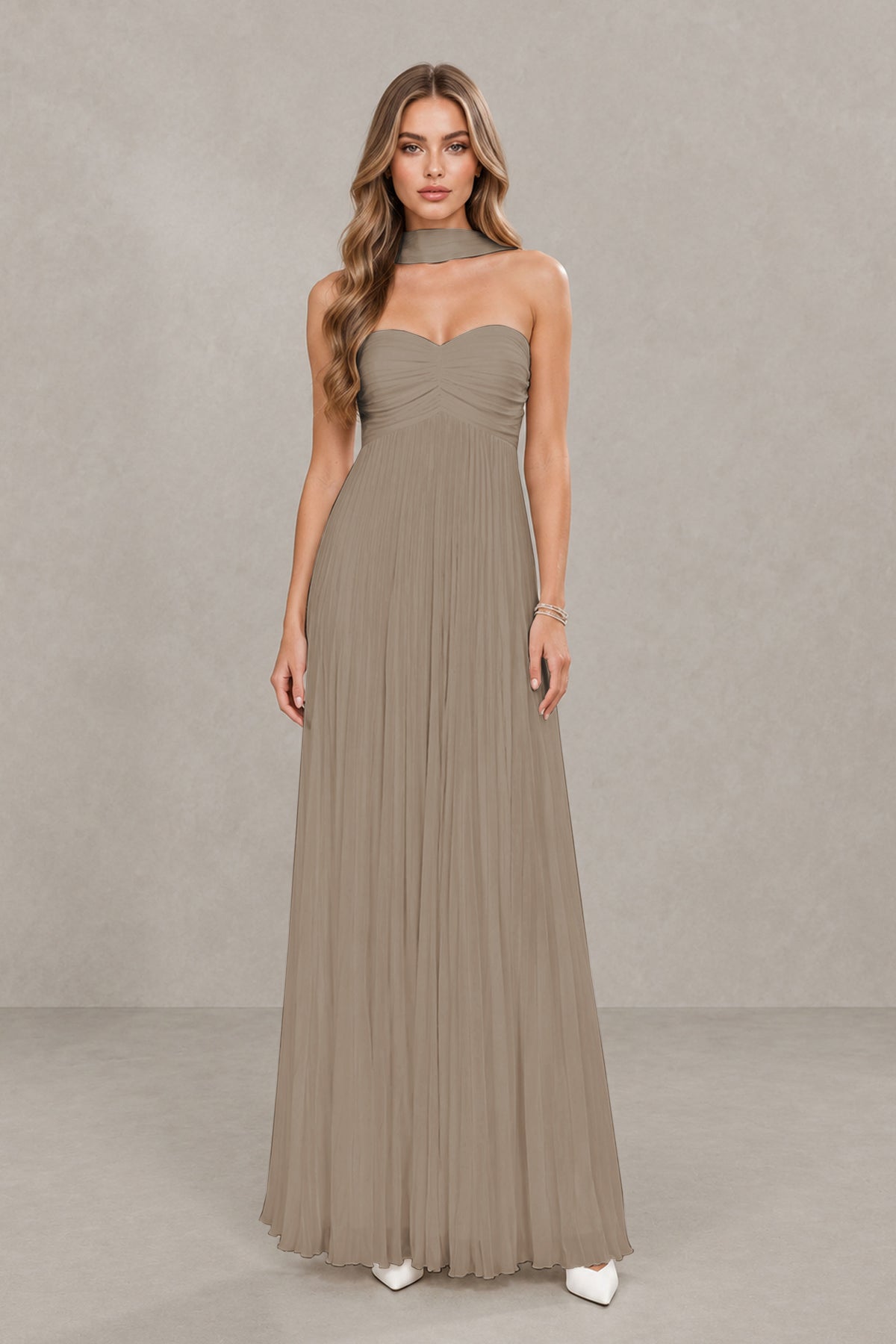 BOLODOO Taupe Strapless Chiffon-Look Maxi Dress with Lace-Up Back & Cape - Taupe