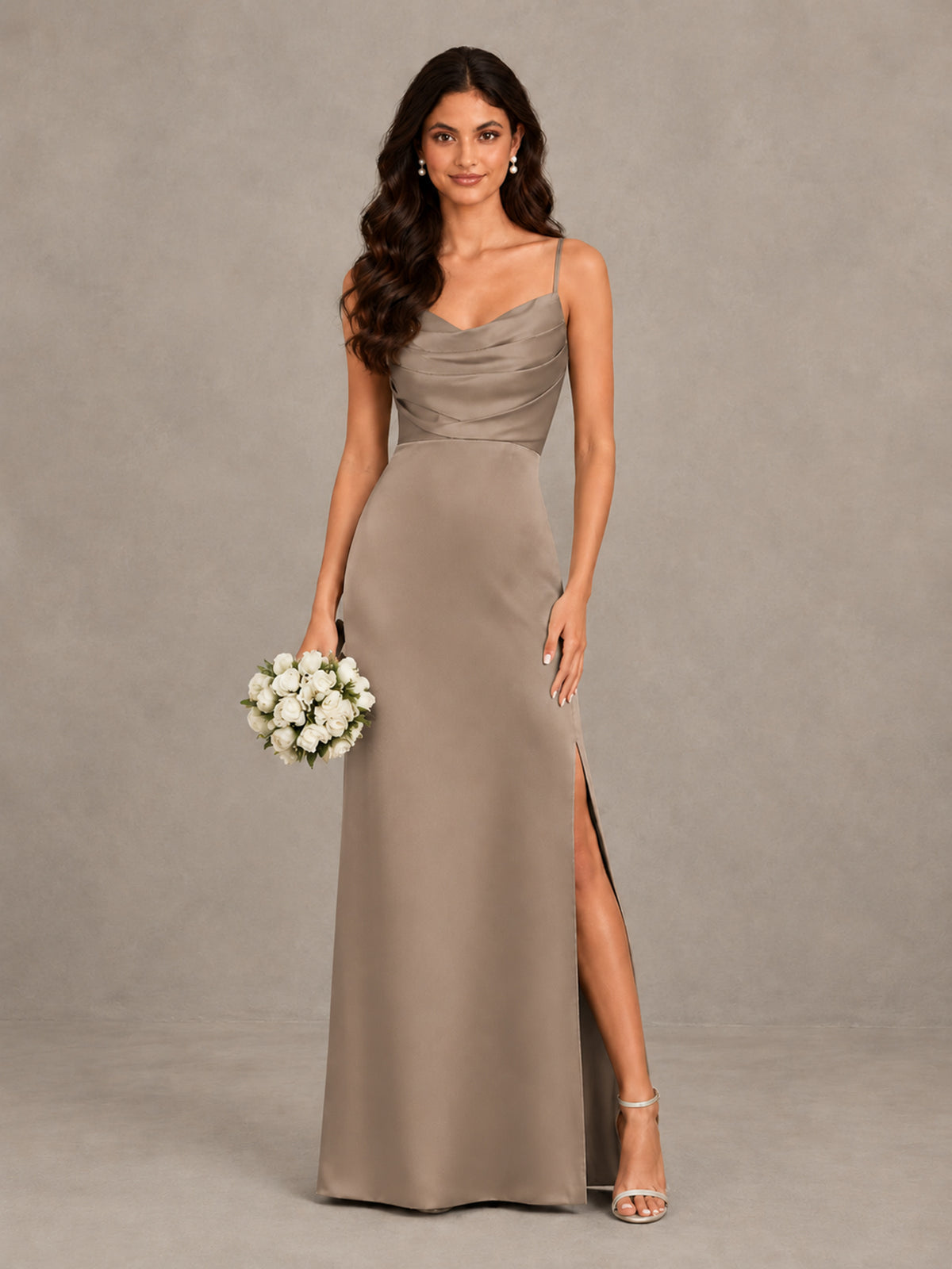 BOLODOO Taupe Cowl Neck Satin Bridesmaid Dress with Slit - Taupe - Taupe (1)