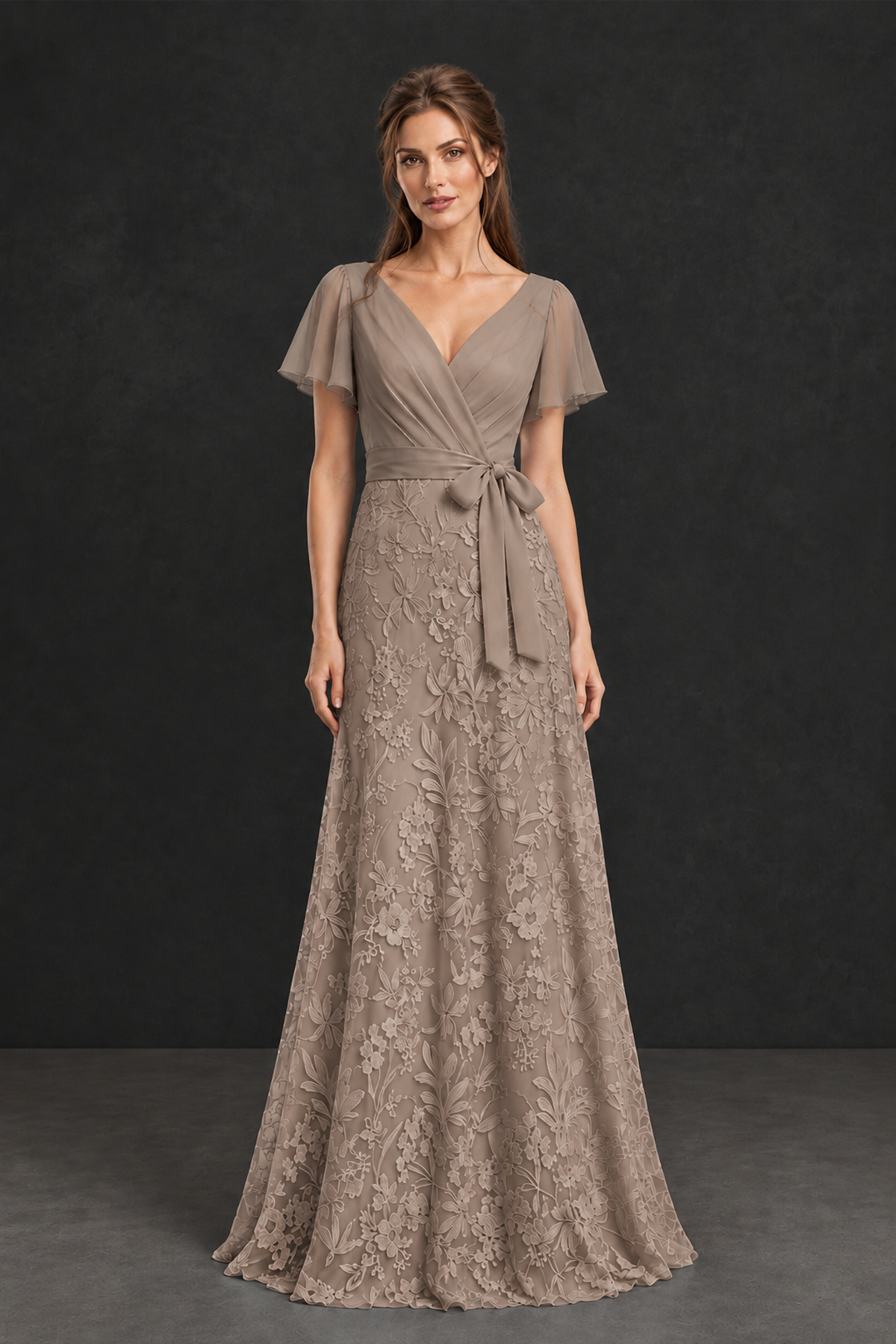 BOLODOO Taupe Flutter Sleeve Lace Mother of the Bride Dress - Taupe