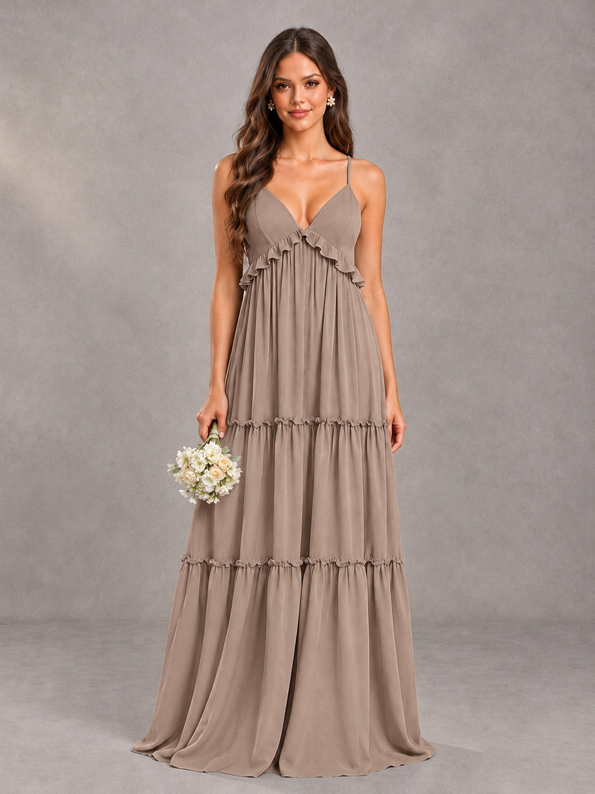 BOLODOO Taupe Tiered V-Neck Lace-Up Back Bridesmaid Dress - Taupe - Taupe (1)