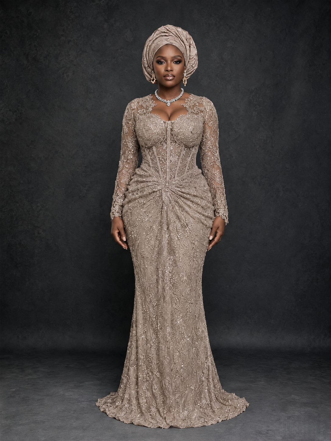 BOLODOO Taupe Beaded Lace Long Sleeve Mermaid Gown Sweetheart | Mother of the Bride - Taupe