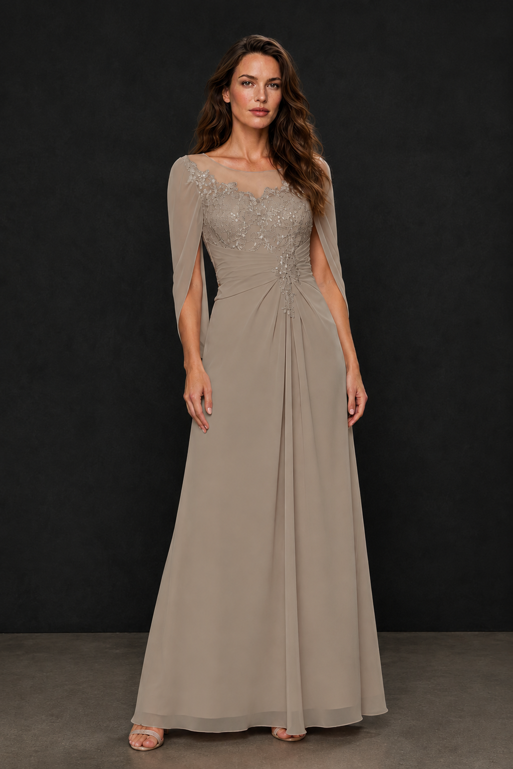 BOLODOO Taupe Illusion Lace One-Side Cape Sleeve Beaded Chiffon Floor Length Gown | Mother of the Bride Evening Dress - Taupe