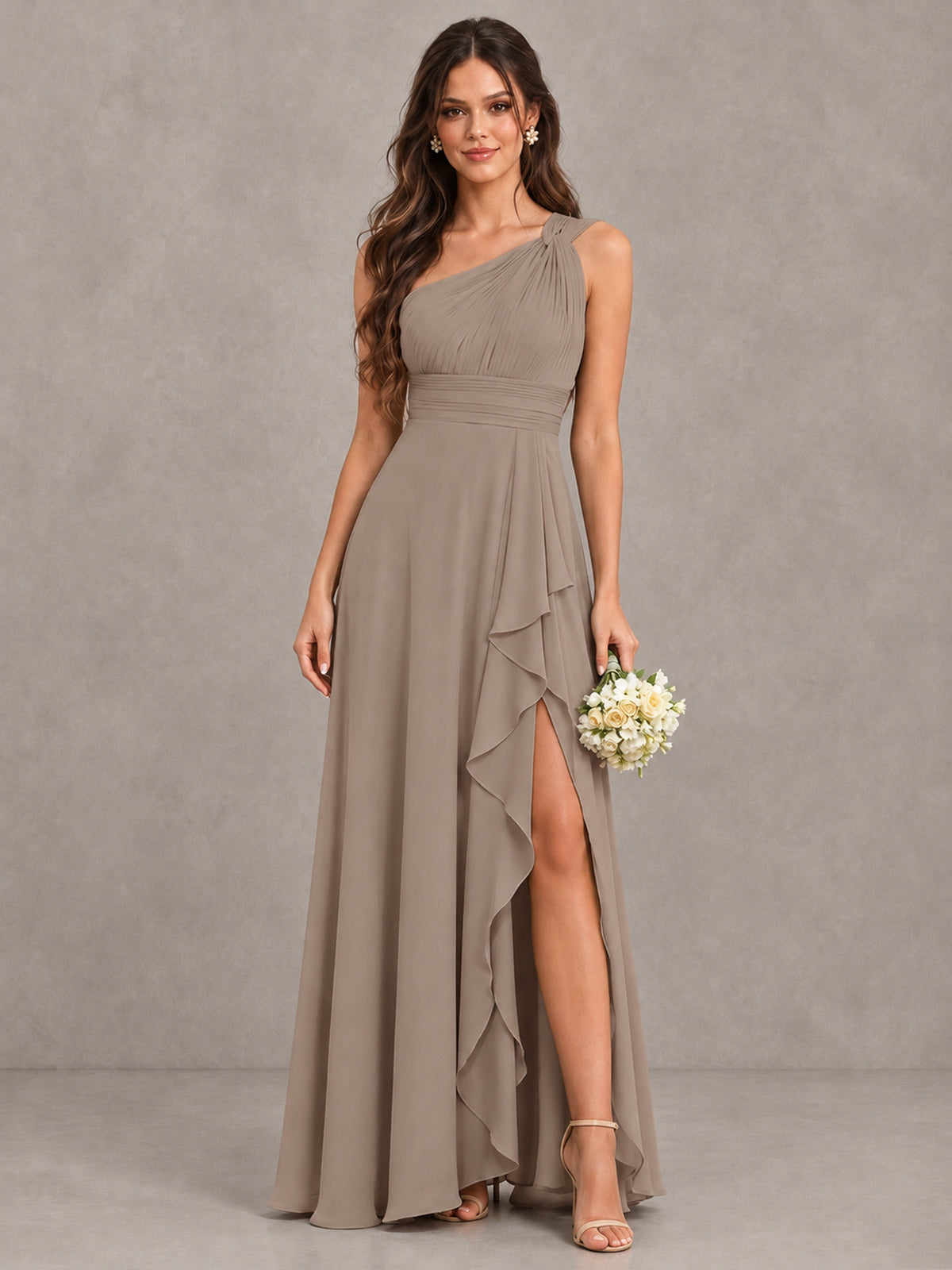 BOLODOO Taupe One-Shoulder Ruffle Bridesmaid Dress with Slit - Taupe - Taupe (1)