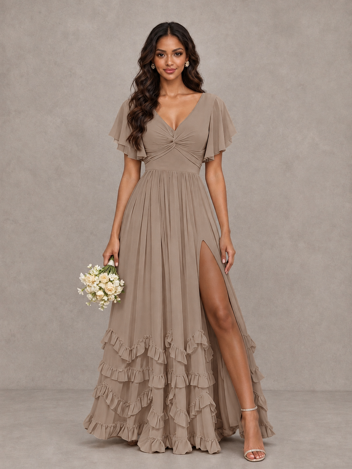 BOLODOO Taupe V-Neck Flutter Sleeve Ruffle Bridesmaid Dress with Slit - Taupe - Taupe (1)