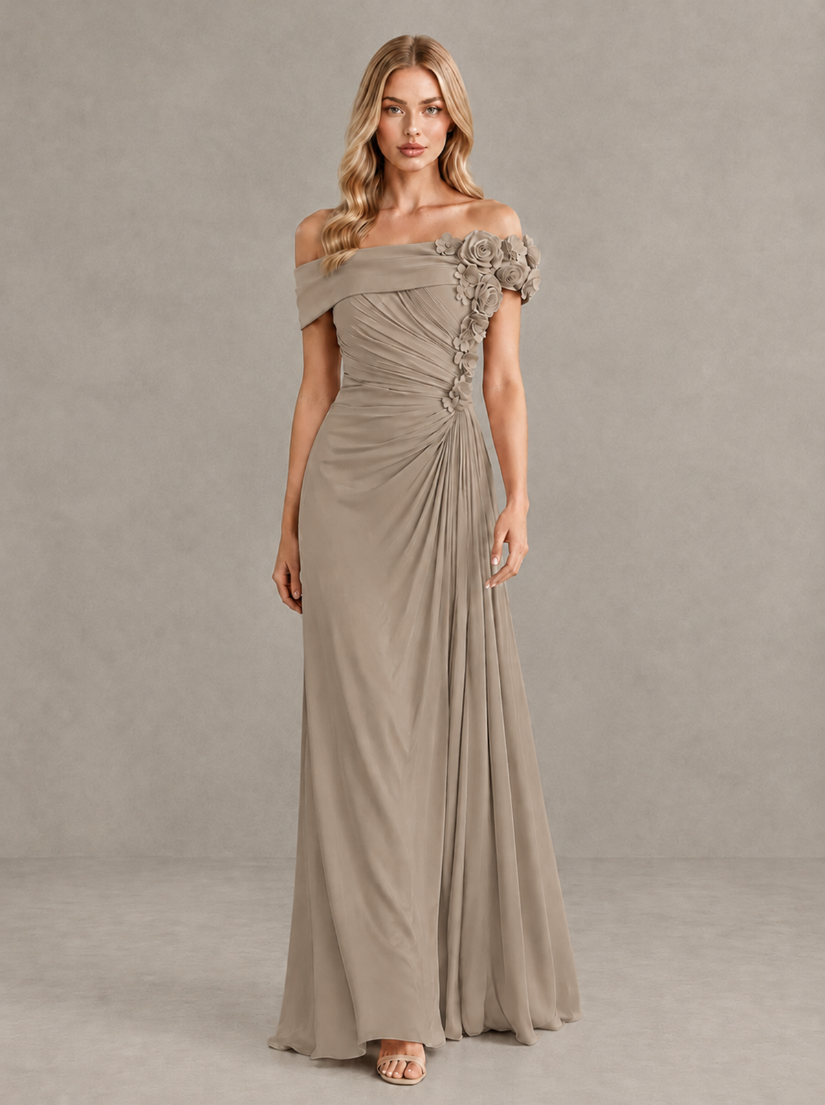 BOLODOO Taupe Off-Shoulder Floral Applique Wedding Guest Maxi Dress - Taupe - Taupe (1)