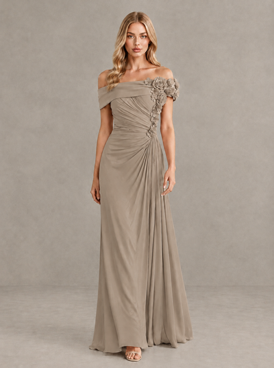 BOLODOO Taupe Off-Shoulder Floral Applique Wedding Guest Maxi Dress - Taupe - Taupe (1)