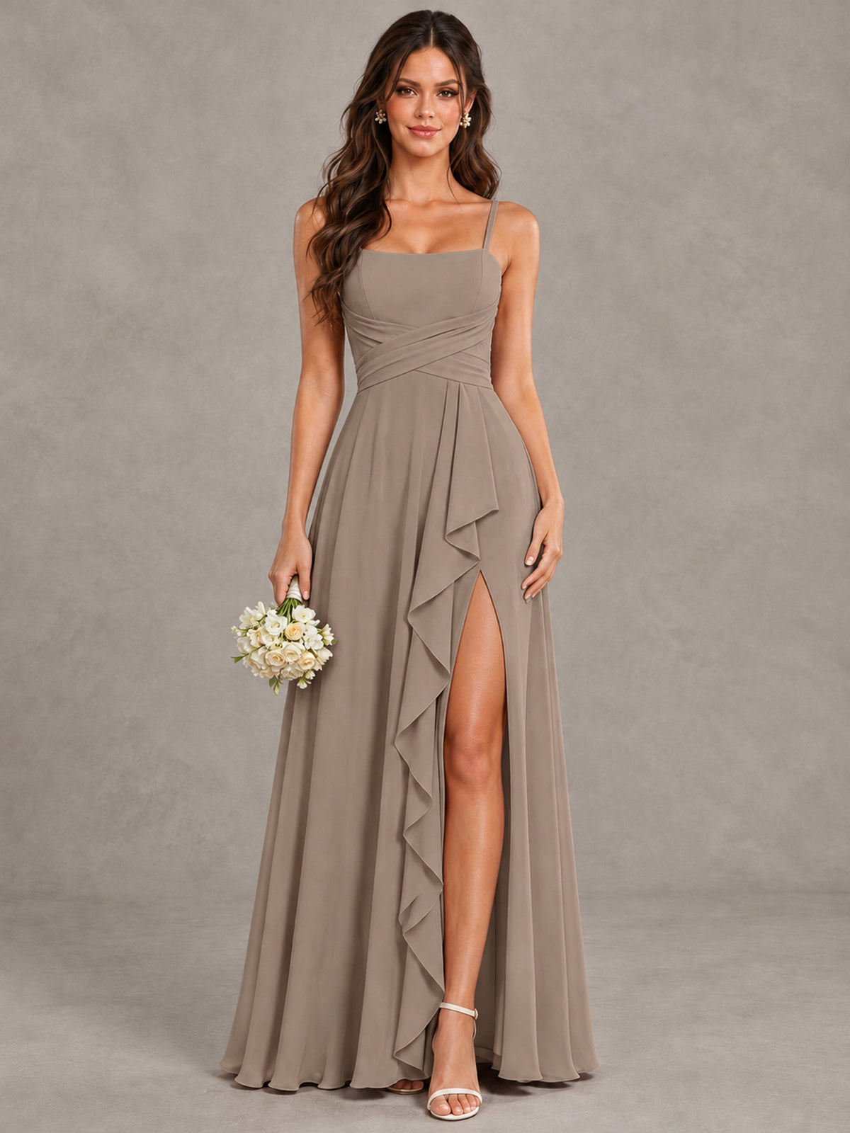BOLODOO Taupe Spaghetti Strap Ruffle Bridesmaid Dress with Slit - Taupe - Taupe (1)