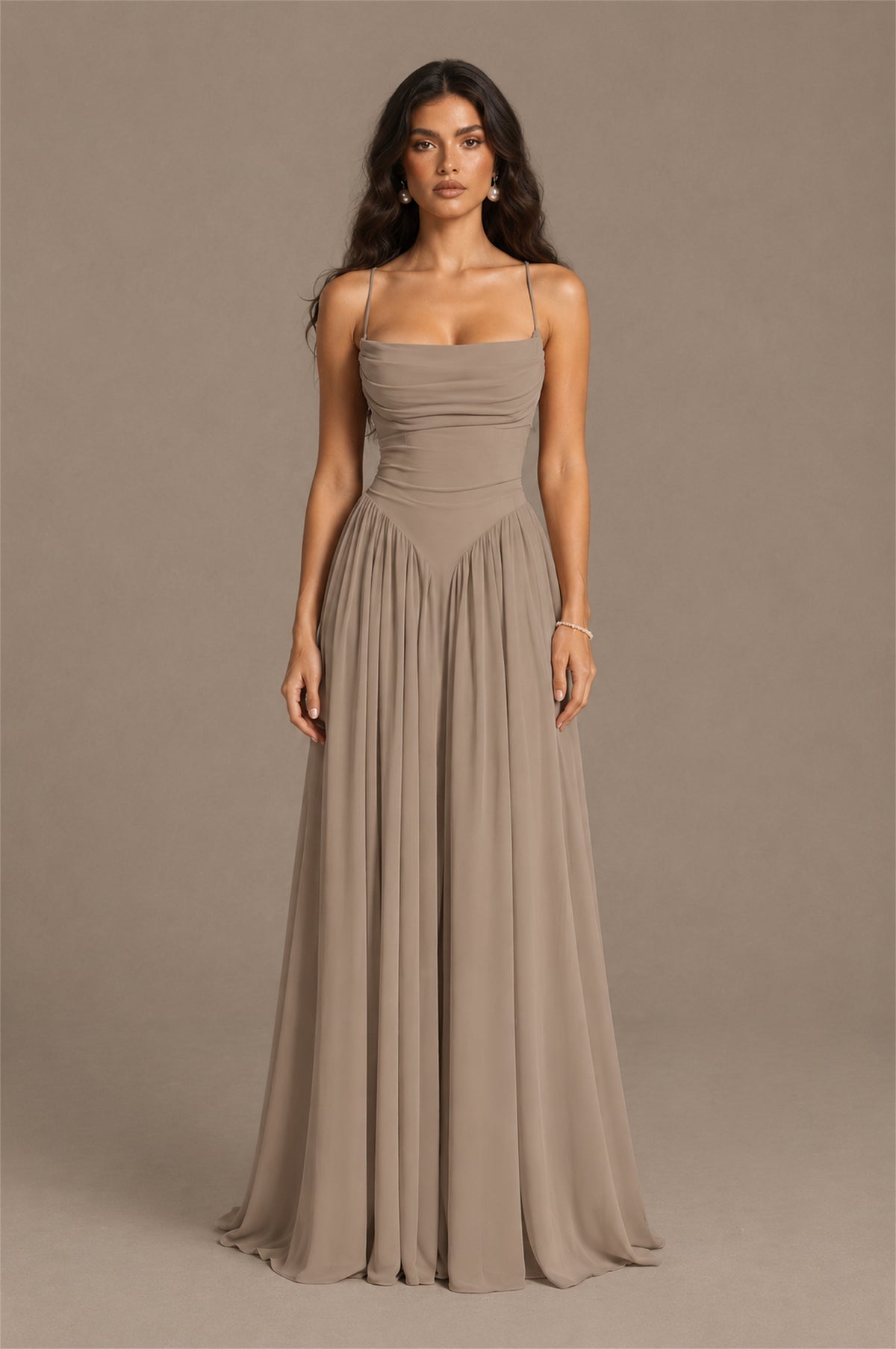 BOLODOO Taupe Spaghetti Strap Square Neck Ruched Chiffon Maxi Dress with Lace-Up Back - Taupe