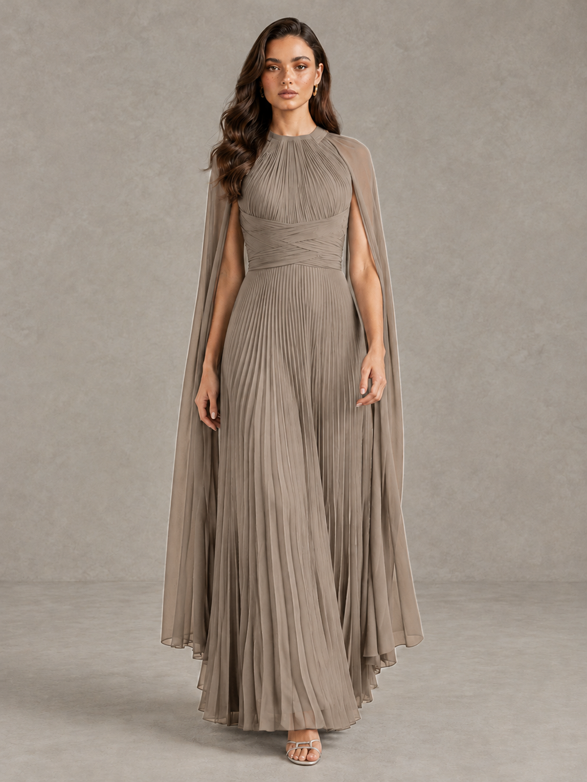 BOLODOO Taupe Pleated Cape Maxi Wedding Guest Dress - Taupe - Taupe (1)