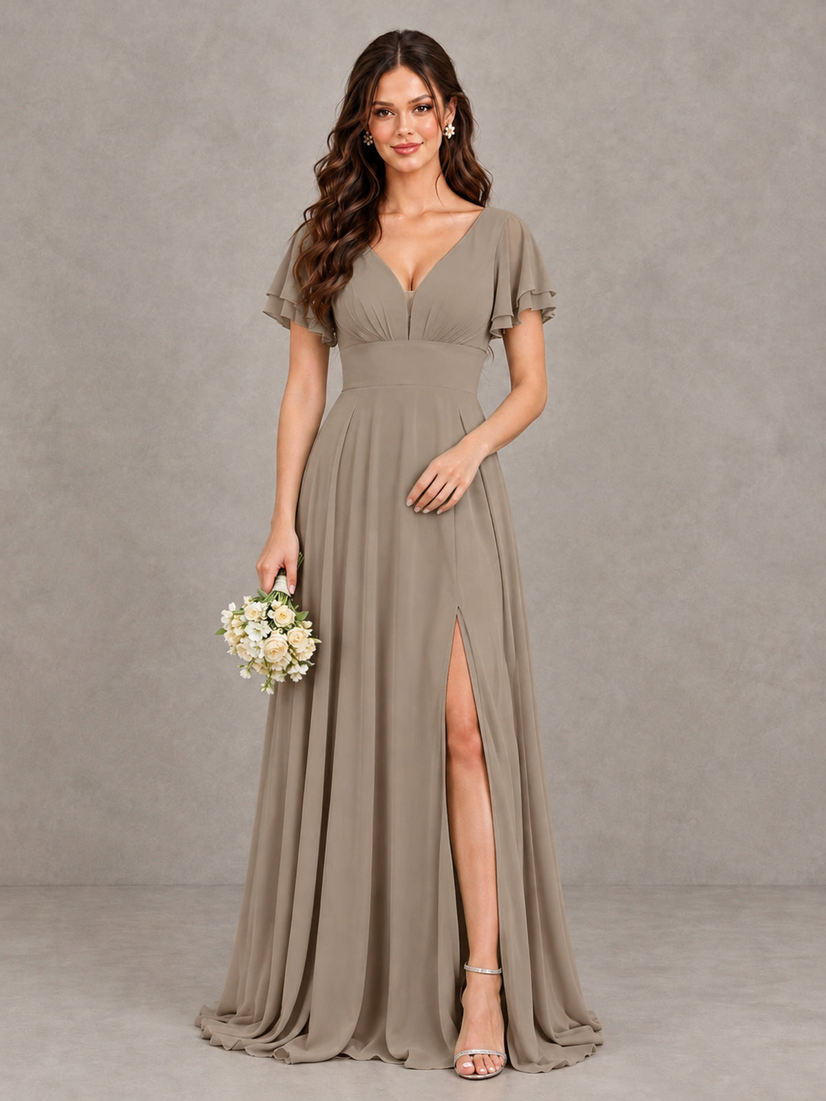 BOLODOO Taupe Flutter Sleeve Chiffon A-Line Maxi Bridesmaid Dress with Open Back & Slit - Taupe - Taupe (1)