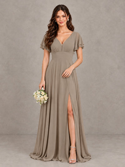 BOLODOO Taupe Flutter Sleeve Chiffon A-Line Maxi Bridesmaid Dress with Open Back & Slit - Taupe - Taupe (1)