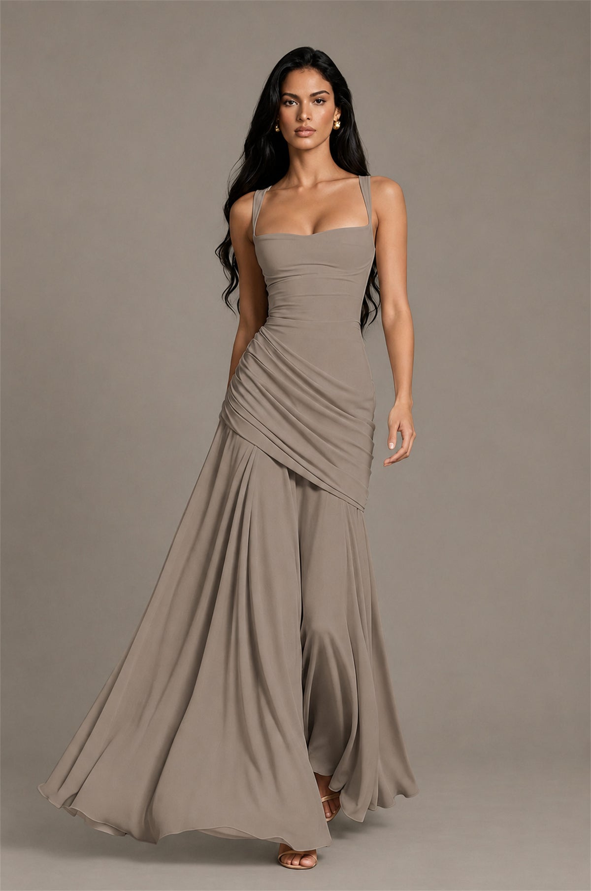 BOLODOO Square Neck Ruched A-Line Maxi Dress - Taupe Backless Evening Gown - Taupe