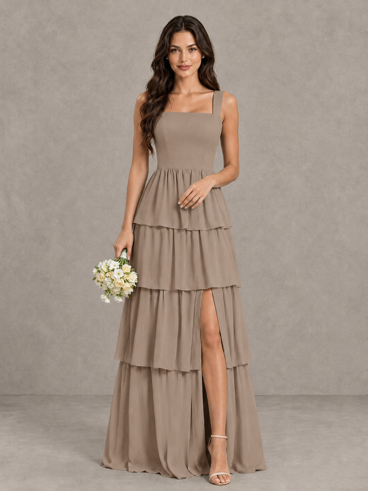 BOLODOO Taupe Square Neck Tiered Bridesmaid Dress with Slit - Taupe - Taupe (1)