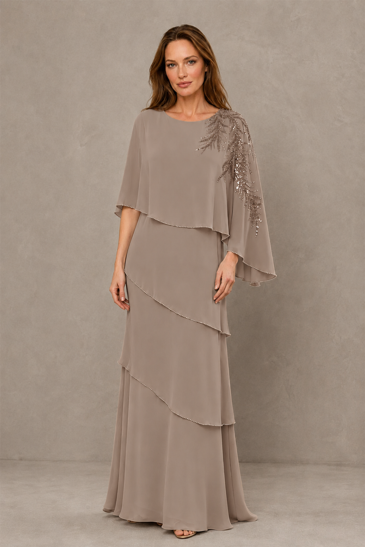 BOLODOO Taupe Mocha Asymmetric Cape Sleeve Taupe Sequin Embroidered Pearl Trim Tiered Chiffon Gown - Taupe