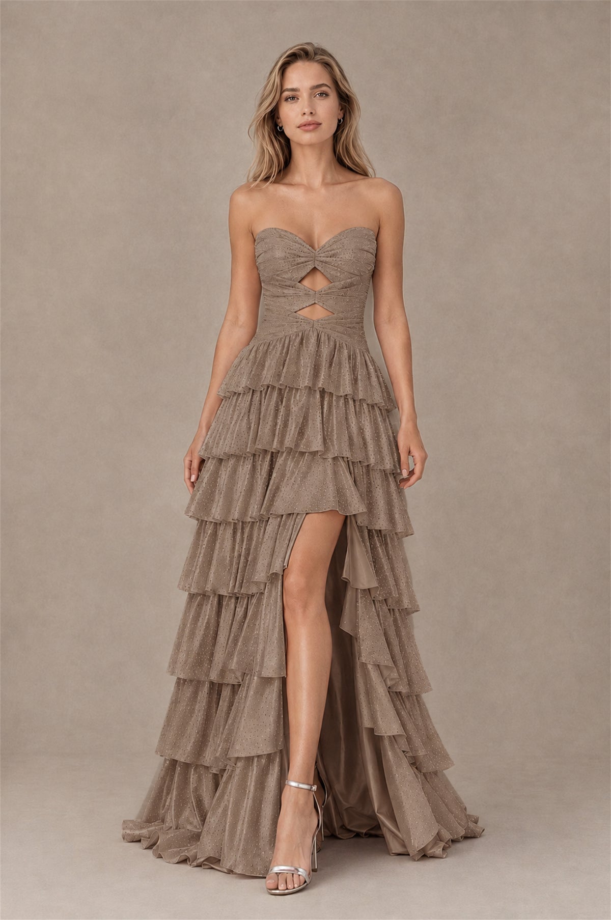 BOLODOO Taupe Strapless Cutout Tiered Ruffle Prom Dress with High Slit - Taupe - Taupe (1)