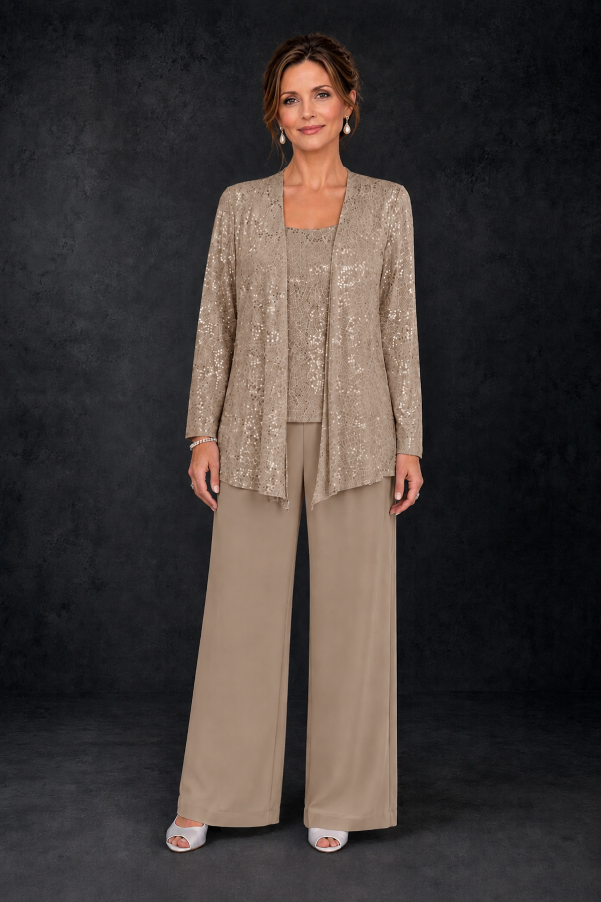 BOLODOO Taupe Sequin Lace 3-Piece Pant Suit with Long Sleeve Jacket - Taupe - Taupe (1)