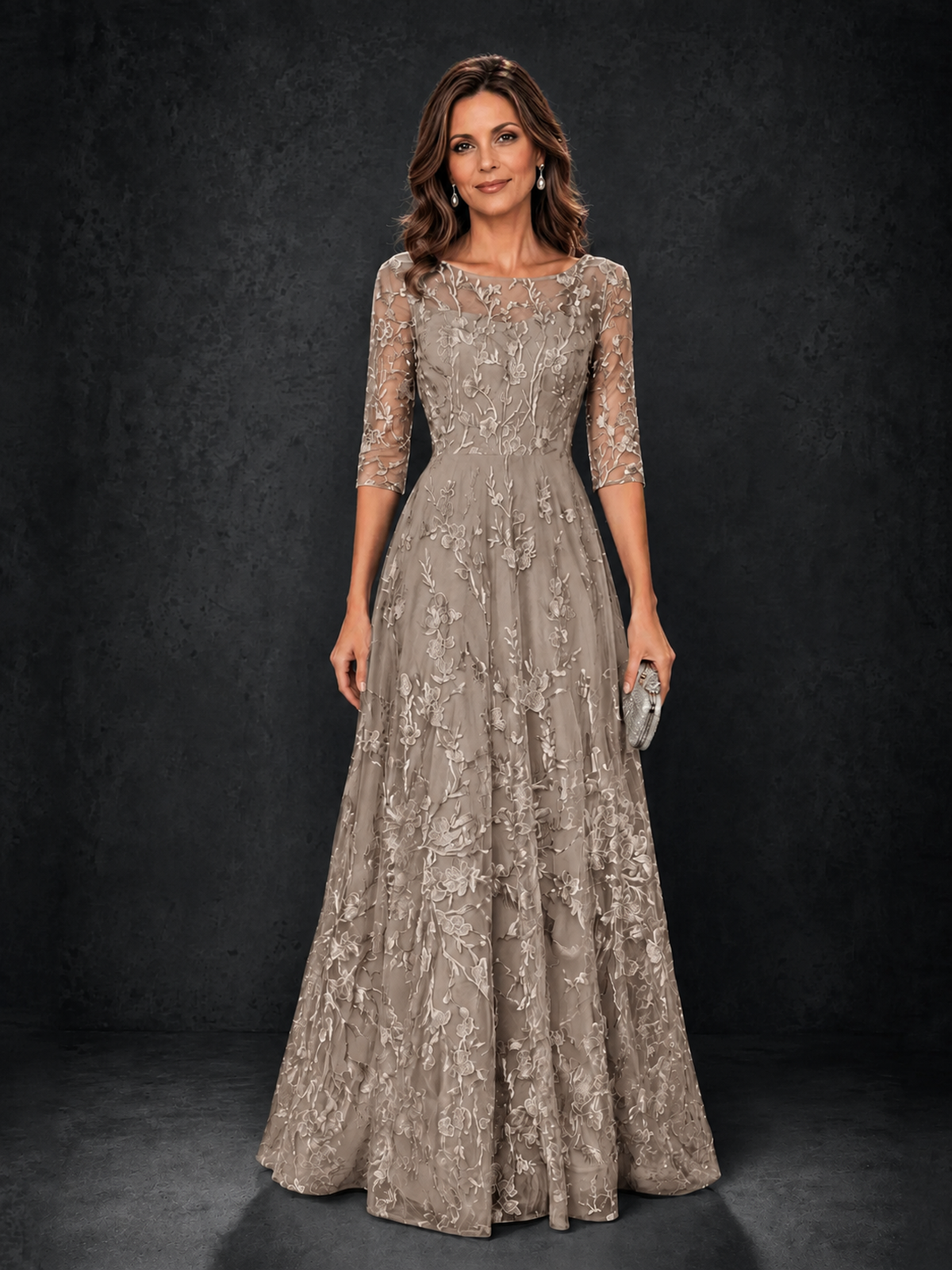 BOLODOO Taupe Illusion Bateau Neck 3/4 Sleeve Floral Lace A-Line Mother of the Bride Dress MX007 - Taupe