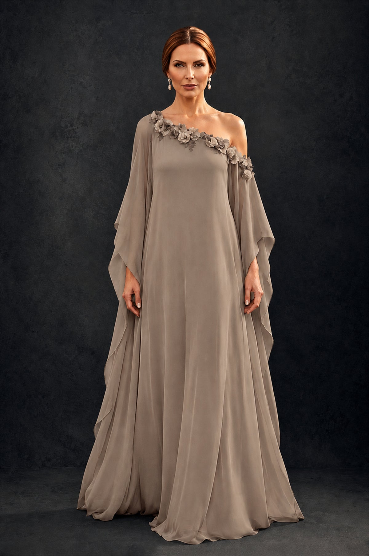 BOLODOO Taupe 2-Piece Set: Off-Shoulder 3D Floral Cape Gown & One-Shoulder Wide-Leg Jumpsuit | BD0373 - Taupe
