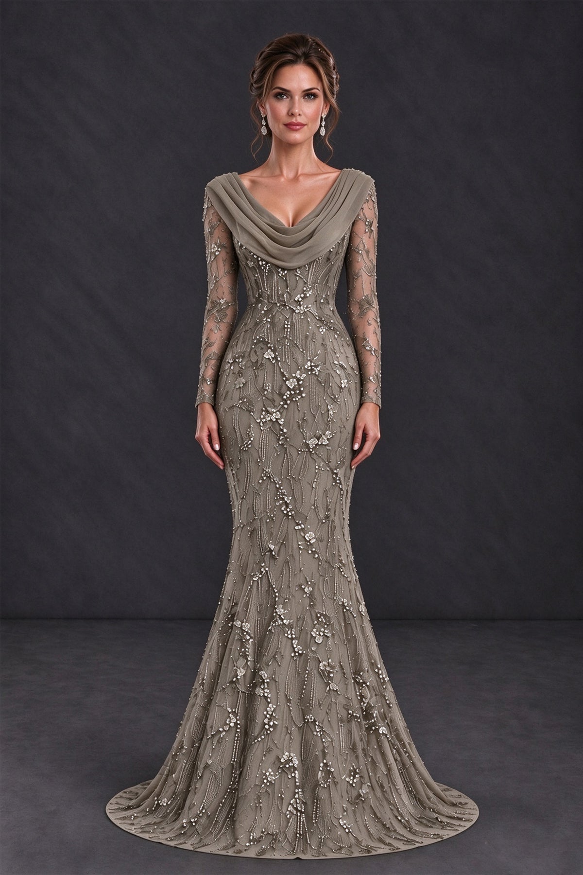 BOLODOO Taupe Long Sleeve Embellished Mother of the Bride Dress with Cowl Neck - Taupe - Taupe (1)
