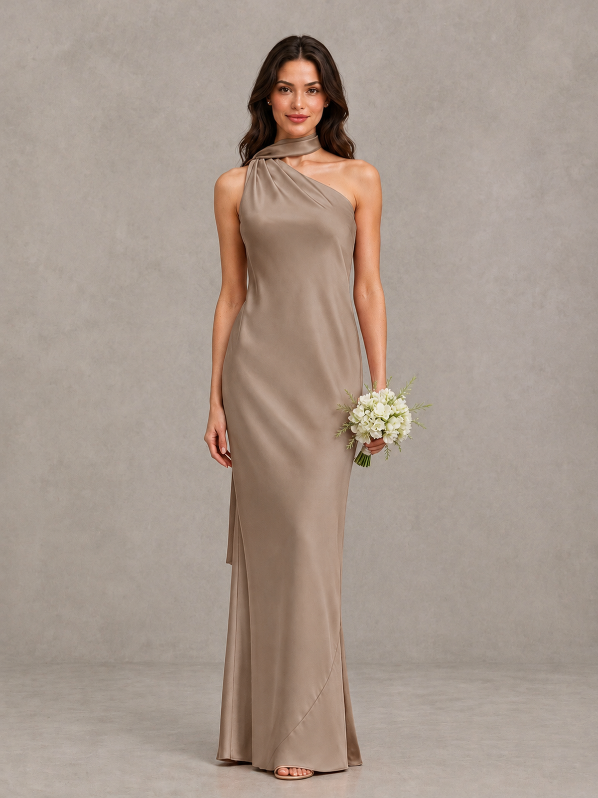 BOLODOO Taupe Satin One-Shoulder Bridesmaid Dress with Open Back - Taupe - Taupe (1)