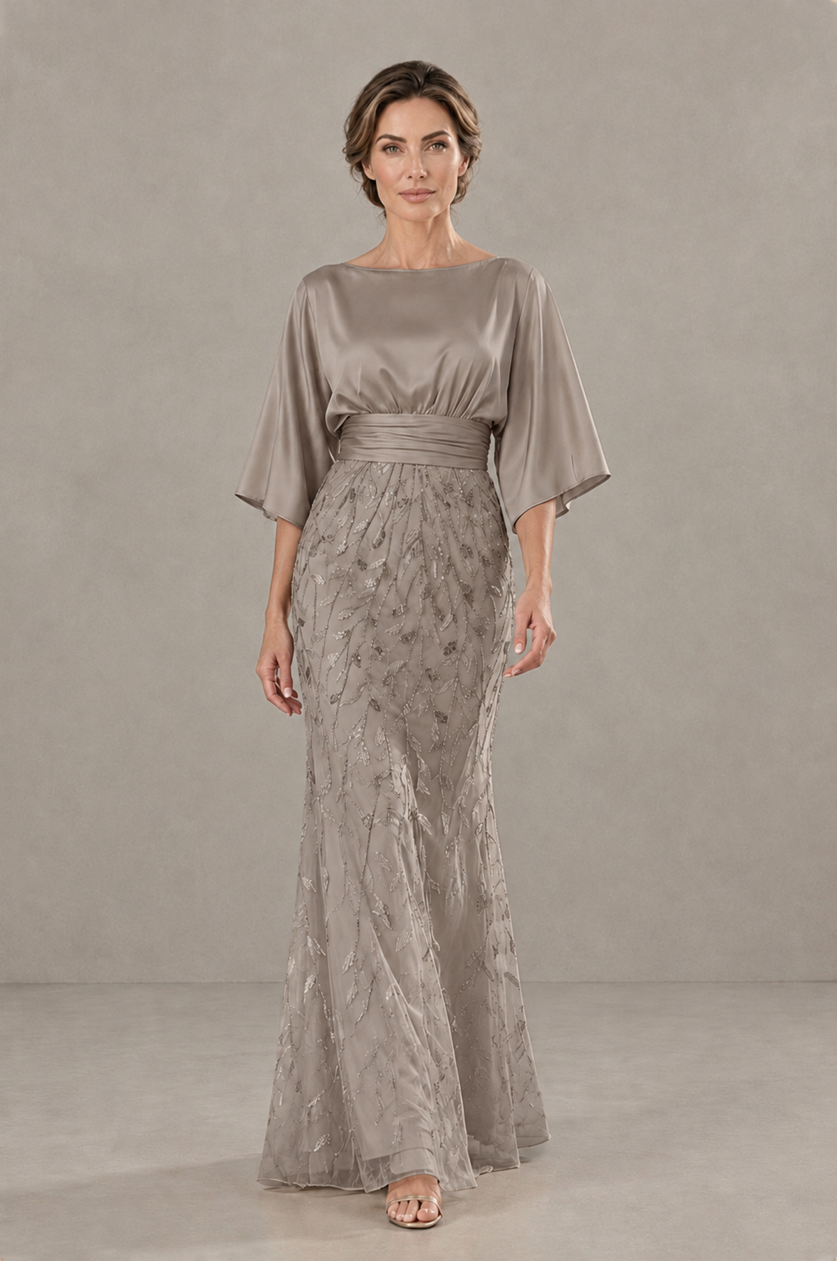 BOLODOO Taupe Mother of the Bride Dress with Kimono Sleeves, Satin Bodice & Sequin Embroidered Mermaid Floor-Length Gown - Taupe - Taupe (1)