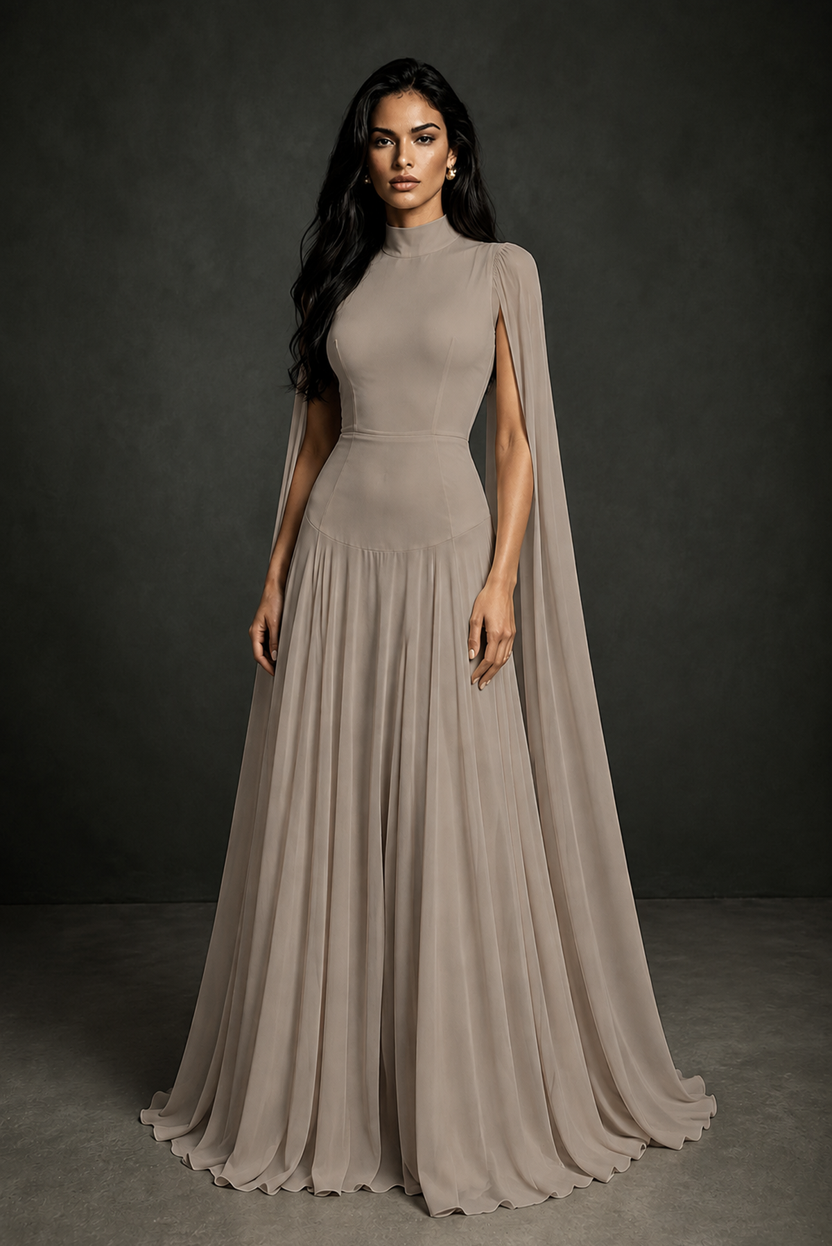 BOLODOO Taupe Mock Neck Cape Sleeve A-Line Chiffon Maxi Dress - Taupe
