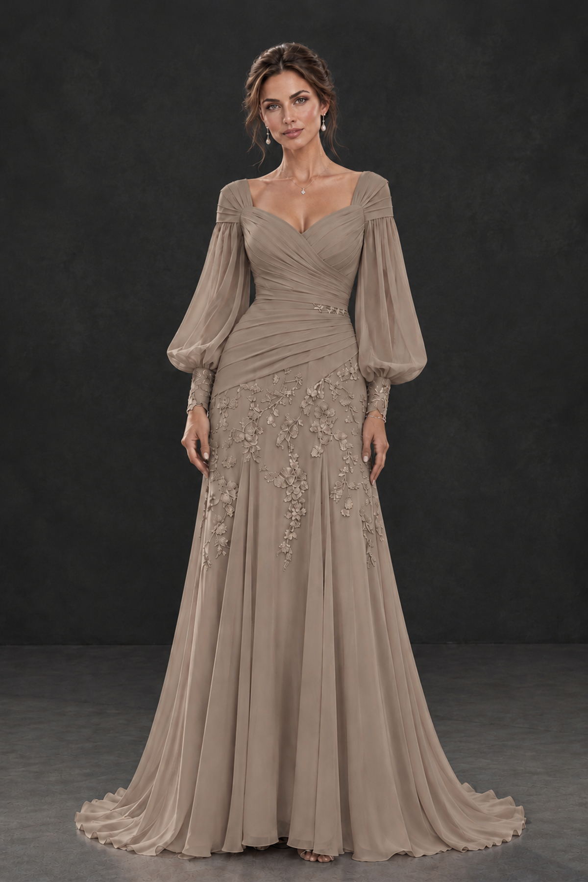 BOLODOO Taupe Long Sleeve Mother of the Bride Dress with Floral Appliqués - Taupe - Taupe (1)