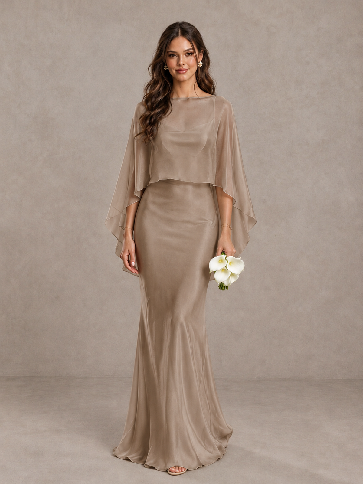 BOLODOO Taupe Satin Mermaid Bridesmaid Dress with Chiffon Cape - Taupe - Taupe (1)