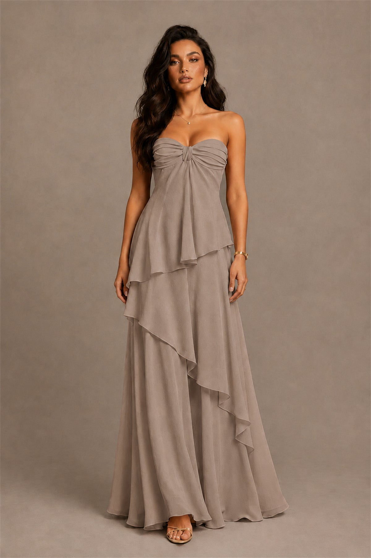BOLODOO Taupe Strapless Sweetheart Knotted Chiffon Tiered Maxi Dress with Lace-Up Back - Taupe