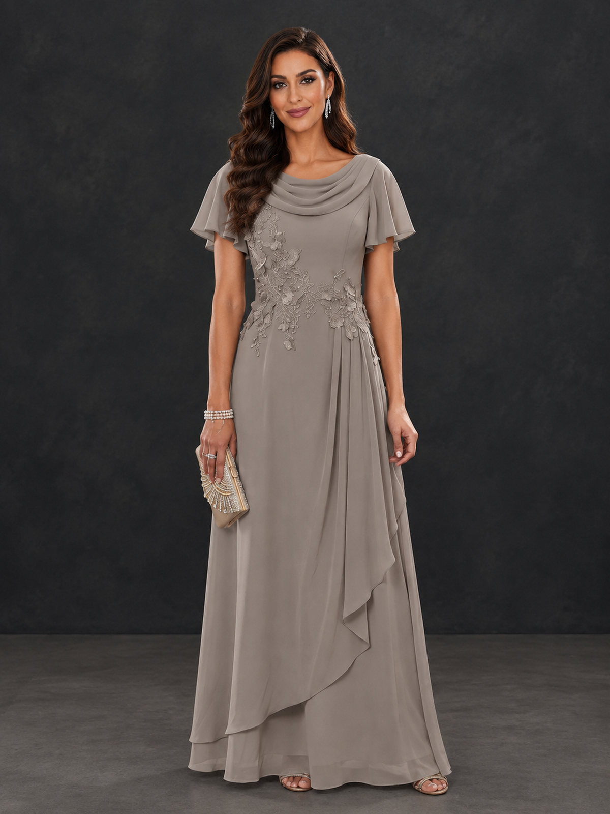BOLODOO Taupe Floral Flutter Sleeve Mother of the Bride Dress - Taupe