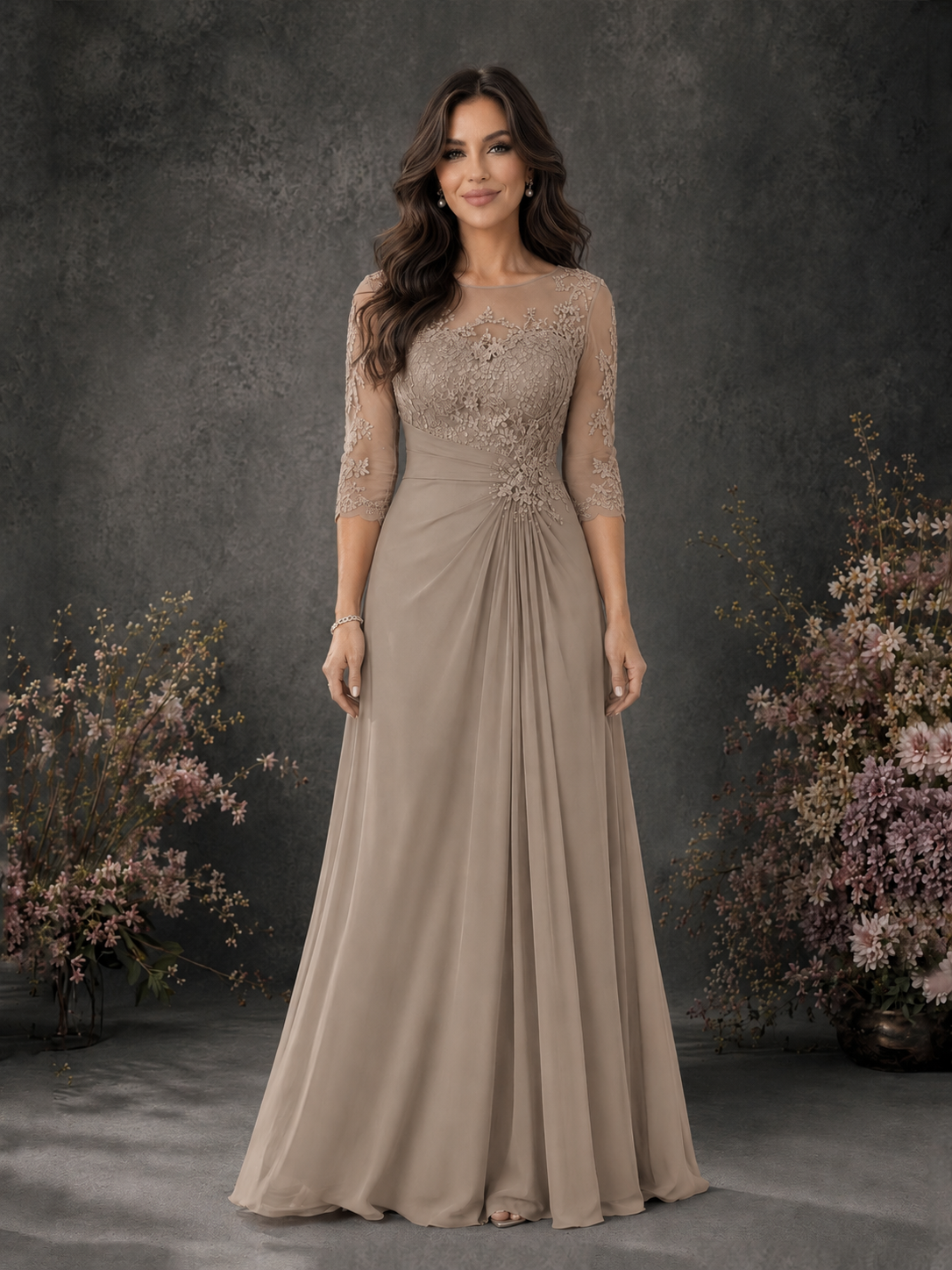 BOLODOO Taupe Chiffon Lace Illusion Neckline 3/4 Sleeve Floor Length Formal Gown - Taupe