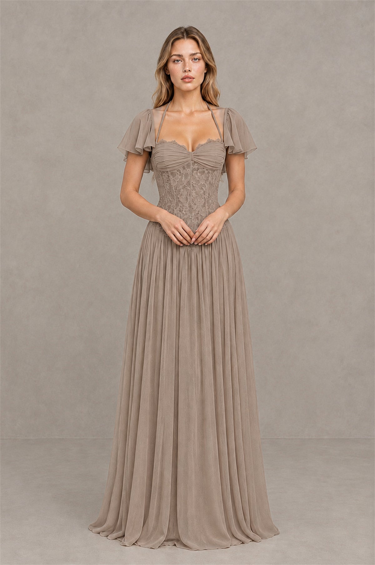 BOLODOO Taupe Flutter Sleeve Lace Corset A-Line Maxi Dress - Taupe - Taupe (1)