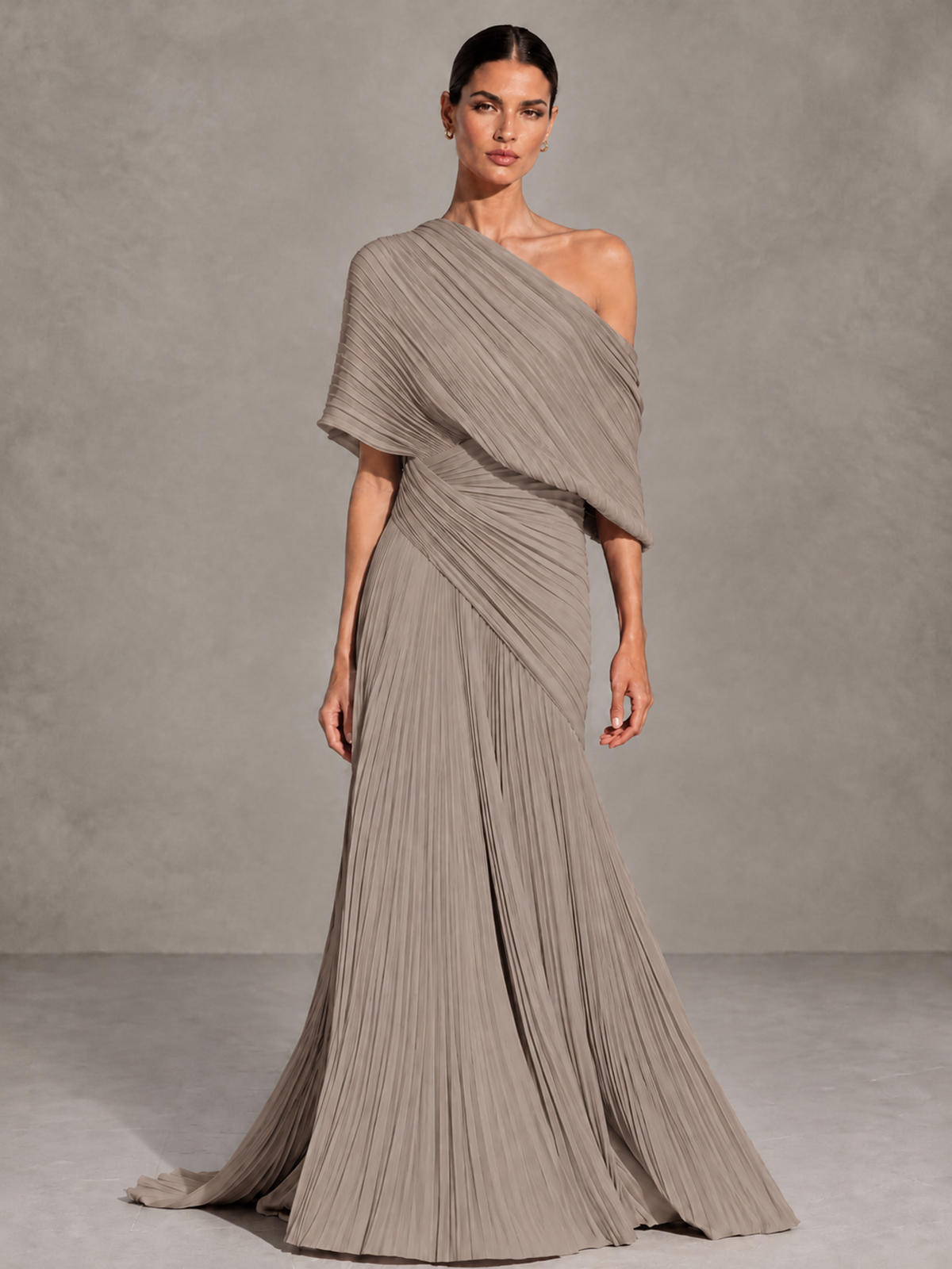 BOLODOO Taupe One-Shoulder Pleated Cape Evening Gown with Train - Taupe - Taupe (1)