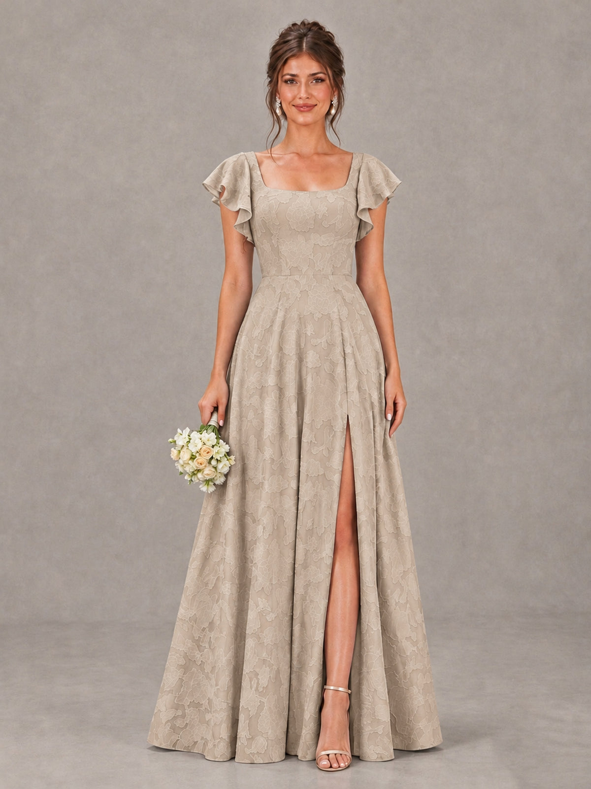 BOLODOO Taupe Floral Flutter Sleeve Bridesmaid Dress with Slit - Taupe - Taupe (1)