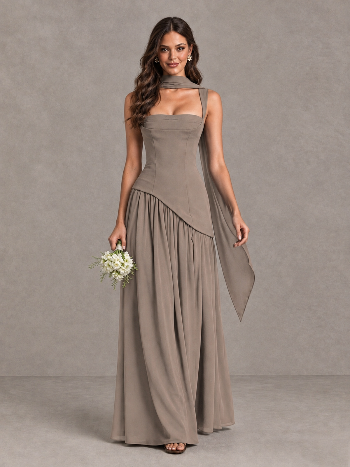 BOLODOO Taupe Brown Scarf Bridesmaid Dress with Lace-Up Back - Taupe - Taupe (1)