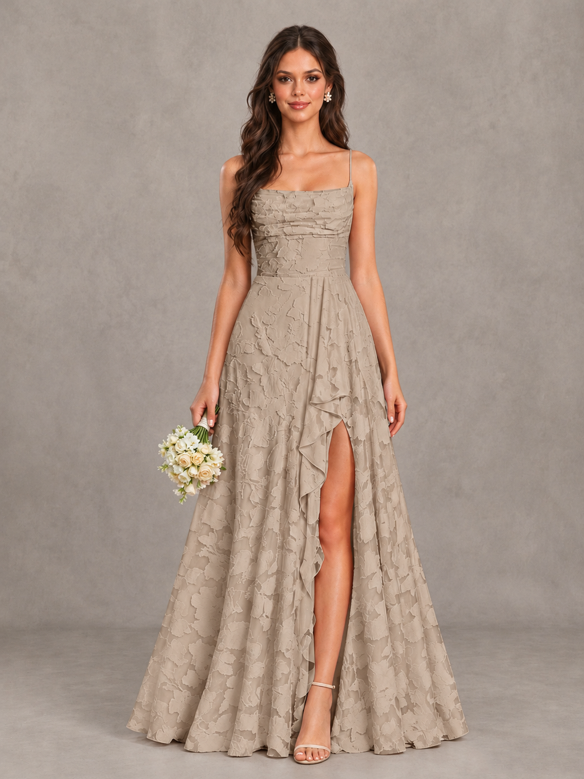 BOLODOO Taupe Floral Appliqué Slit Maxi Dress - Taupe - Taupe (1)