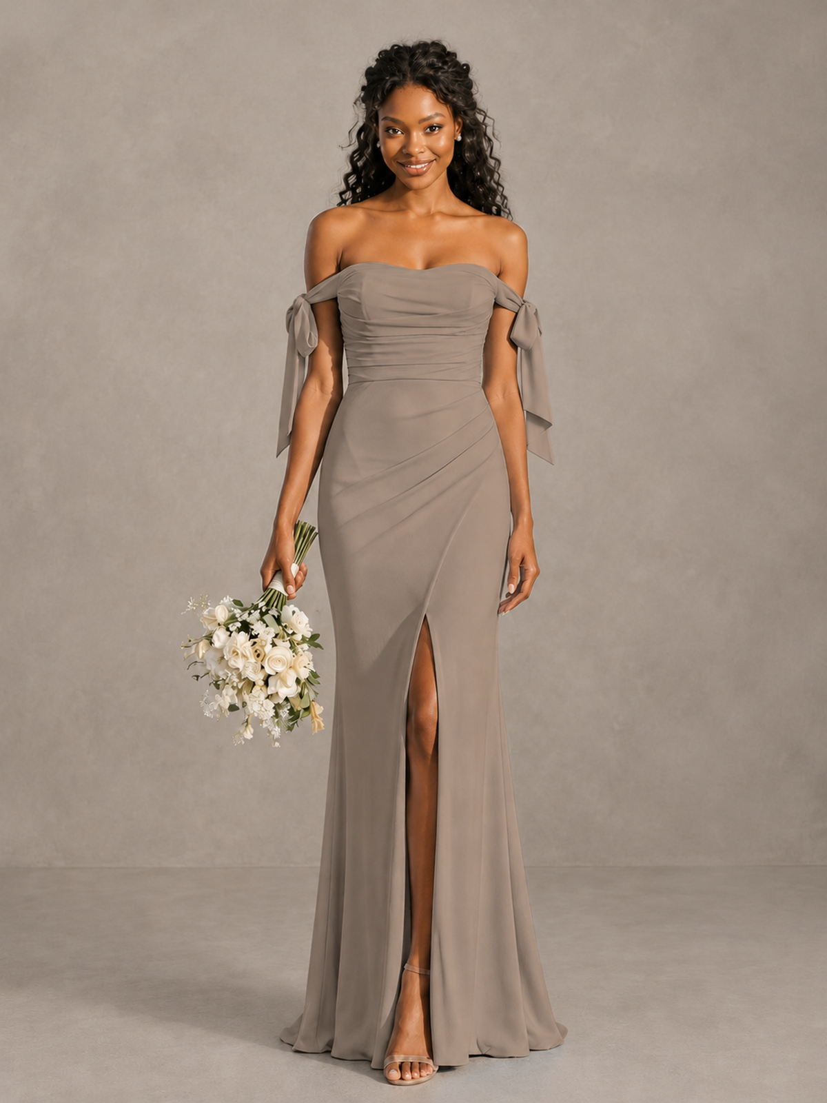 Taupe Off-Shoulder Bow Bridesmaid Dress with Slit - Taupe - Taupe (1)