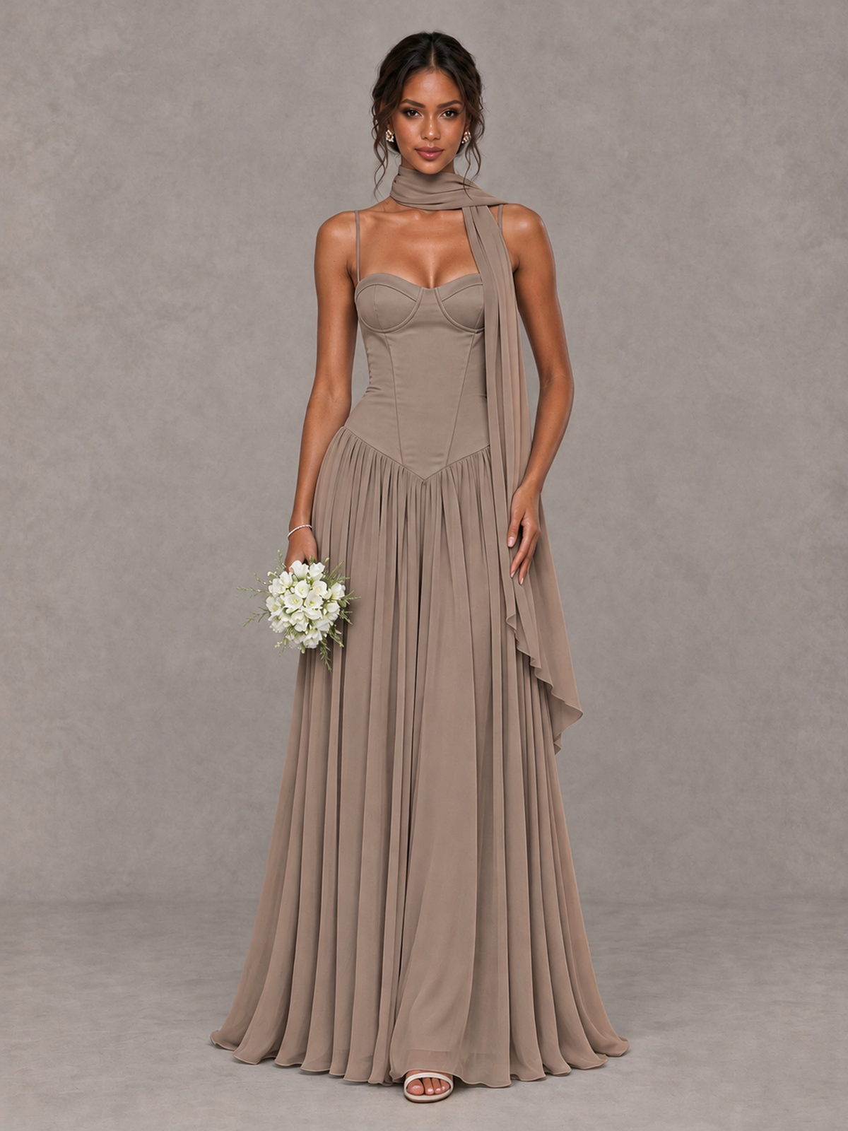 BOLODOO Taupe Corset Bridesmaid Dress with Scarf - Taupe - Taupe (1)