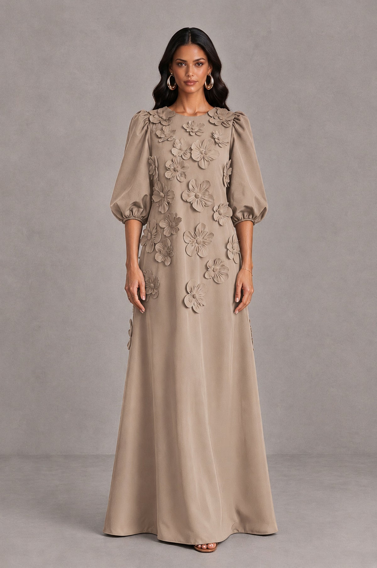 BOLODOO Taupe Floral Applique Puff Sleeve A-Line Evening Dress - Taupe - Taupe (1)