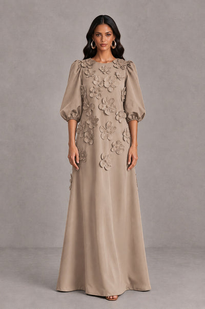 BOLODOO Taupe Floral Applique Puff Sleeve A-Line Evening Dress - Taupe - Taupe (1)