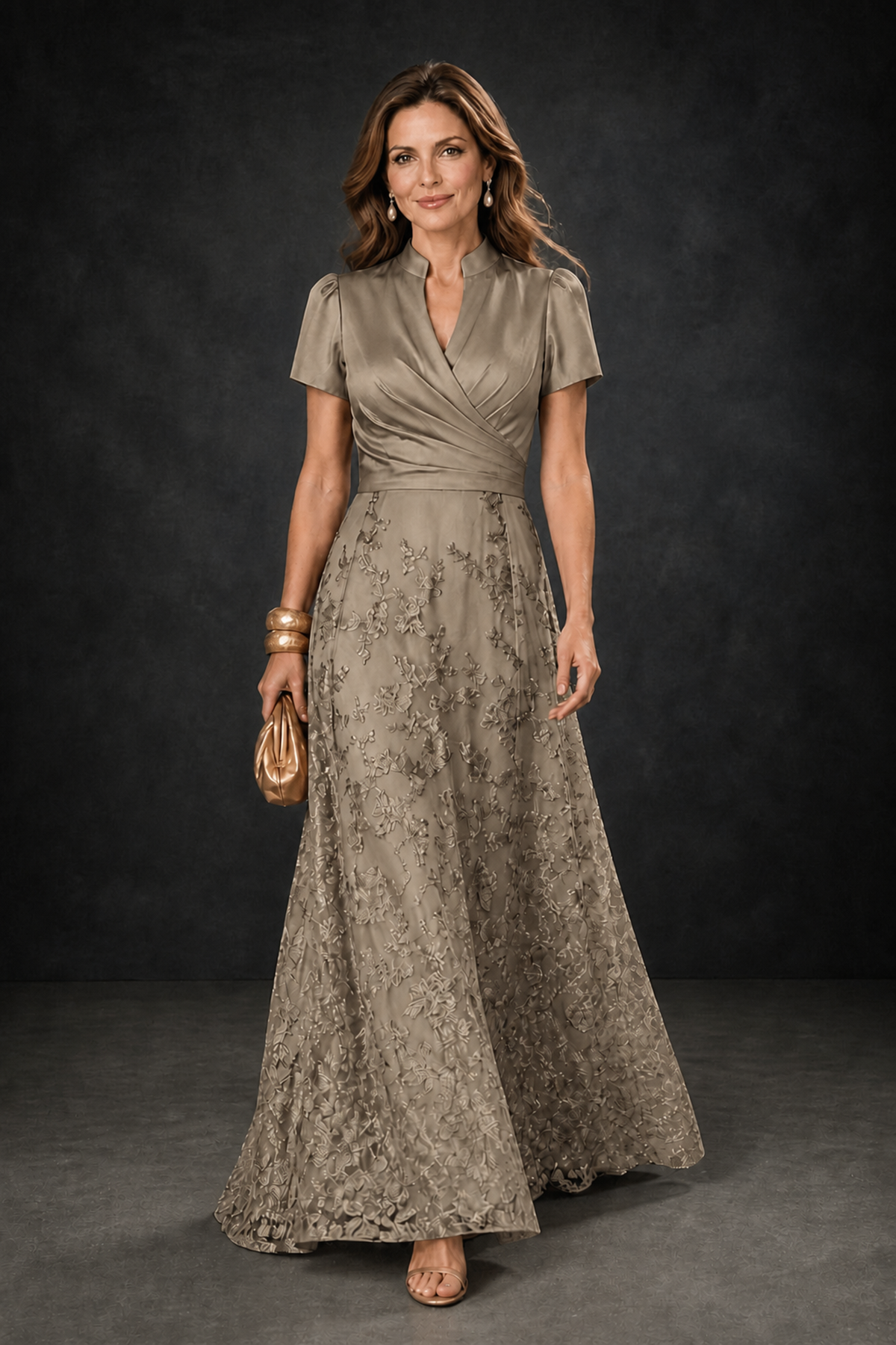 BOLODOO Taupe Satin Wrap V-Neck Short Sleeve Lace Glitter A-Line Floor Length Evening Gown – Formal Dress - Taupe - Taupe (1)