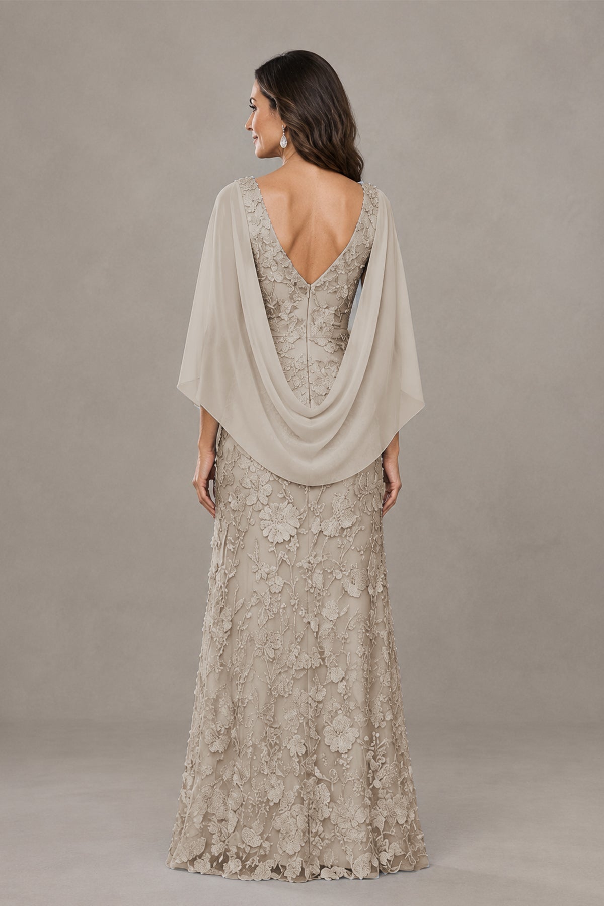 BOLODOO Taupe Lace Mother of the Bride Dress with Cape Sleeves - Taupe
