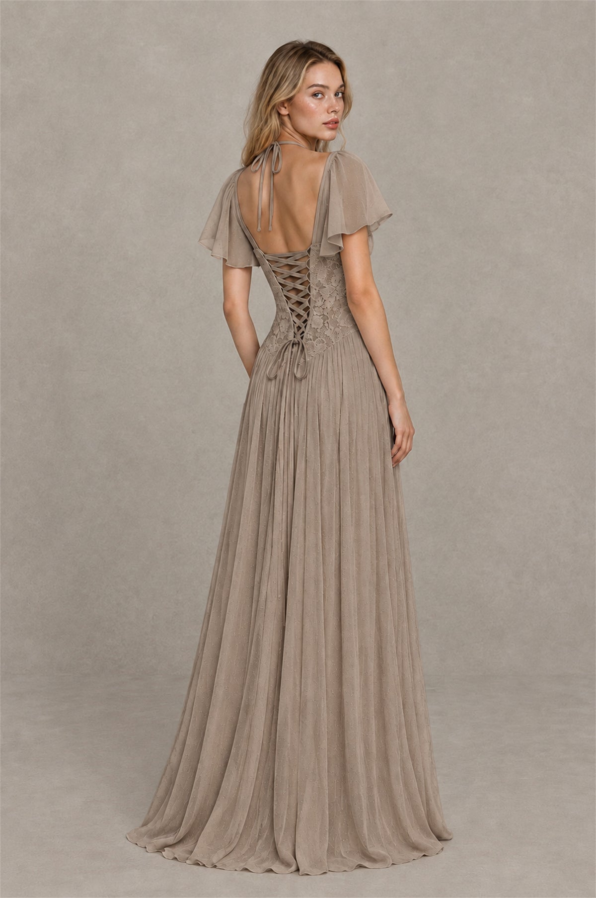 BOLODOO Taupe Flutter Sleeve Lace Corset A-Line Maxi Dress - Taupe - Taupe (2)