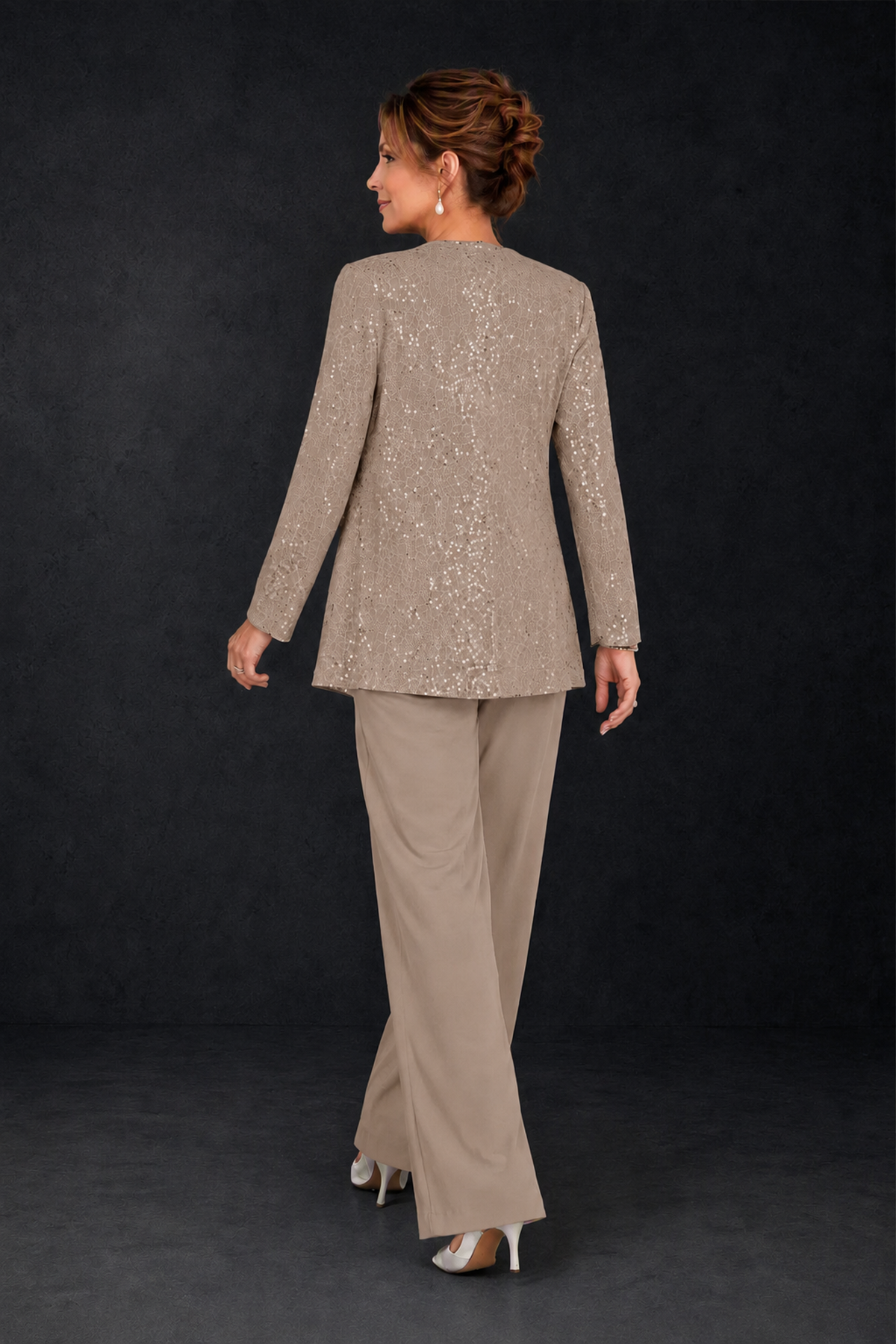 BOLODOO Taupe Sequin Lace 3-Piece Pant Suit with Long Sleeve Jacket - Taupe - Taupe (2)